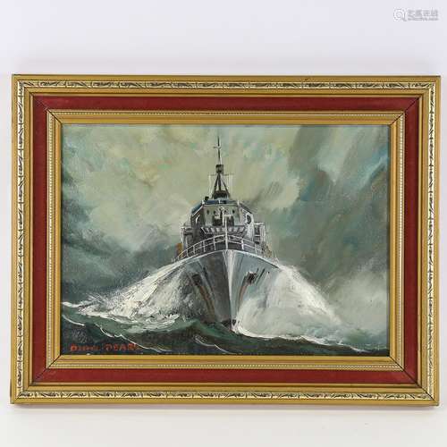 Dion Pears, oil on board, Navy ship at full speed, signed, 2...