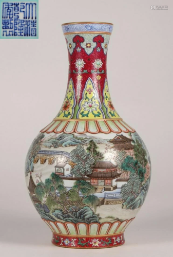 QIANLONG MARK FAMILLE ROSE GLAZE LANDSCAPE VASE