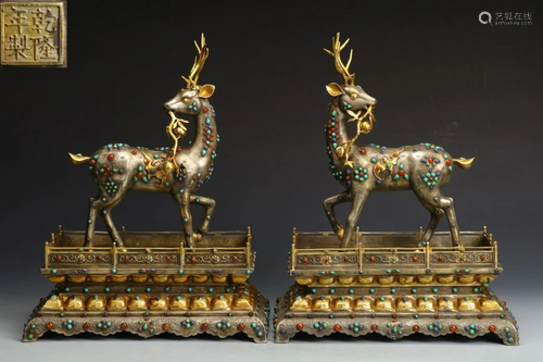 QIANLONG MARK GILT SILVER GEM DEER PENDANTS PAIR