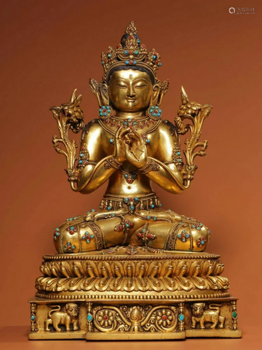 GILT BRONZE WITH GEM GUANYIN BUDDHA STATUE