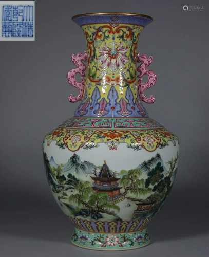 QIANLONG MARK YELLOW FAMILLE ROSE GLAZE VASE