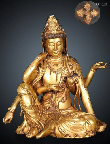 GILT BRONZE CAST GUANYIN BUDDHA STATUE