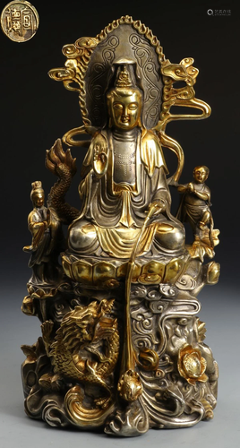 XUANDE MARK WHITE GILT BRONZE CAST GUANYIN BUDDHA