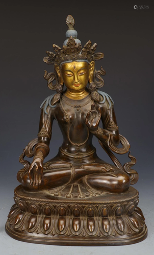 COPPER WITH GOLD GUANYIN BUDDHA STATUE