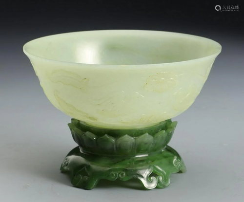 HETIAN WHITE JADE CARVED FLOWER BIRD PATTERN BOWL& BASE