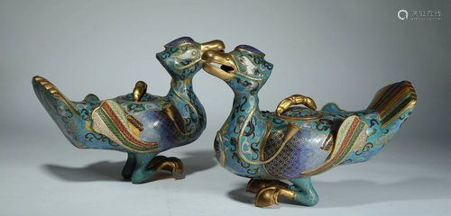 QIANLONG MARK CLOISONNE DUCK SHAPE CENSERS…