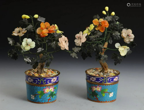 CLOISONNE BASIN WITH GEM FLOWER BONSAIS PAIR