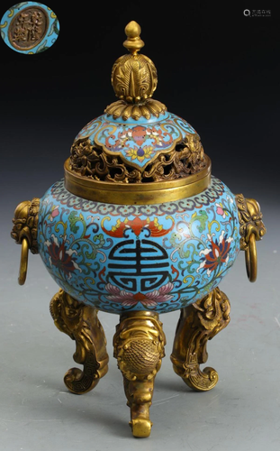 QIANLONG MARK CLOISONNE AUSPICIOUS TRIPOD C…