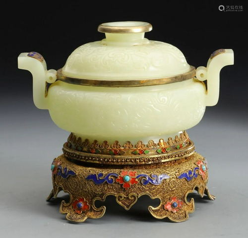 HETIAN WHITE JADE&GILT SILVER CENSER