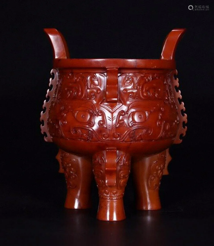 HETIAN YELLOW JADE CARVED TAOTIE BEAST CENSER