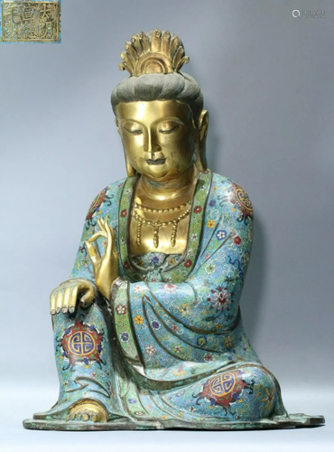 CLOISONNE CAST GUANYIN BUDDHA SEATED STATUE