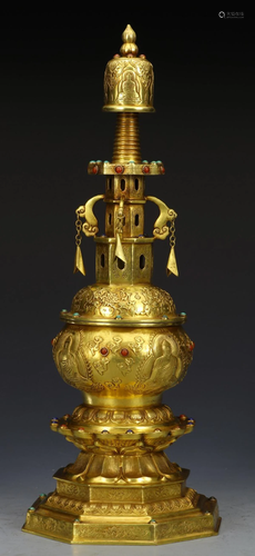 GILT BRONZE WITH GEM BUDDHA PATTERN PAGODA