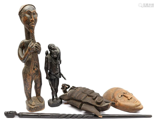 2 African masks, blackened staff and 2 statues