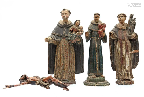 3 polychrome colored wooden statues