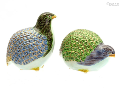 2 Japanese polychrome colored porcelain quail