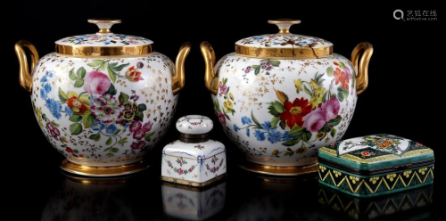 2 porcelain and lidded pots, French porcelain lidded