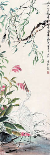 唐云（1910～1993） 1936年作 蓼花白鹭 立轴 设色纸本