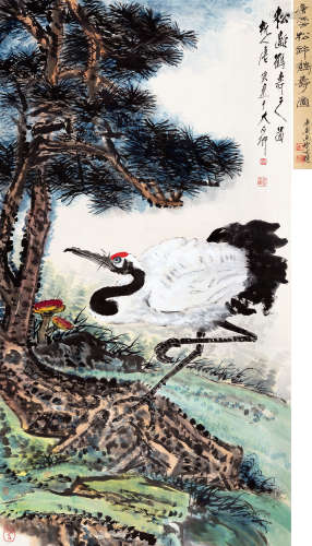 唐云（1910～1993） 松龄鹤寿 镜片 设色纸本