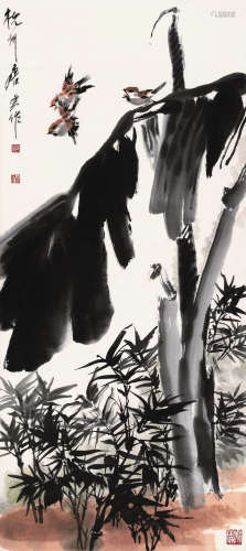 唐云（1910～1993） 芭蕉麻雀 立轴 设色纸本