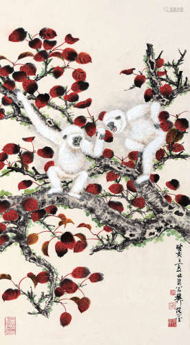 谢稚柳（1910～1997） 1983年作 红叶白猿 立轴 设色纸本