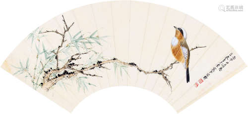 谢稚柳（1910～1997） 1956年作 梅竹栖禽 扇面 设色纸本