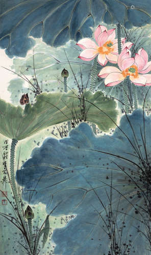 谢稚柳（1910～1997） 1988年作 红荷蝴蝶 镜片 设色纸本