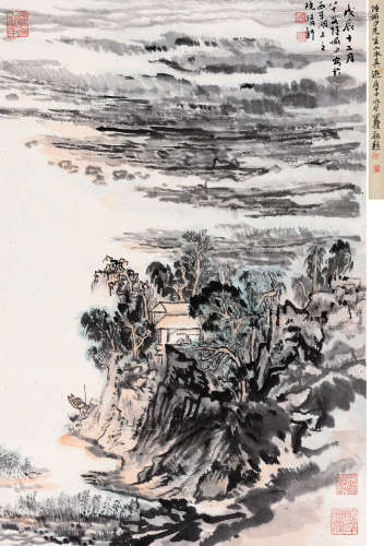 陆俨少（1909～1993） 1988年作 溪岸著书 立轴 设色纸本