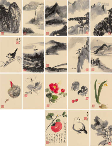唐云（1910～1993） 1978年作 山水花鸟蔬果册 册页 （十八开） 设色纸...