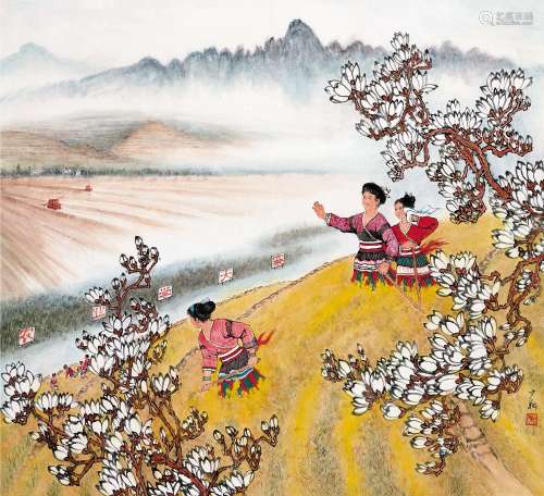 晏少翔（1914～2014） 农业学大寨 镜片 设色纸本
