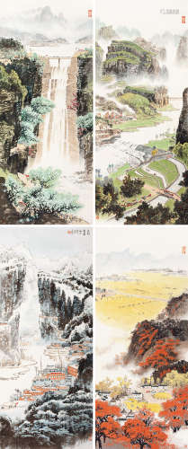 季观之（1915～1997） 1976年作 太行新妆 四屏镜片 设色纸本