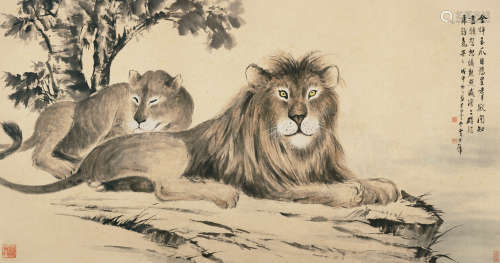 黄君璧（1898～1991） 1986年作 双狮图 镜片 设色纸本