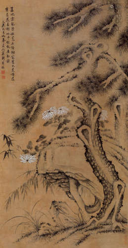 罗聘（1733～1799） 1775年作 松菊拒霜图 立轴 设色绢本