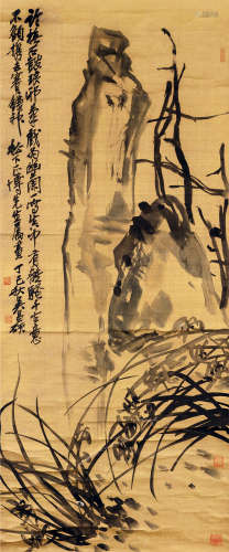 吴昌硕（1844～1927） 1917年作 兰石图 立轴 水墨金笺