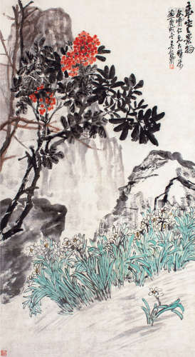 吴昌硕（1844～1927） 1910年作 岁寒景物 立轴 设色纸本