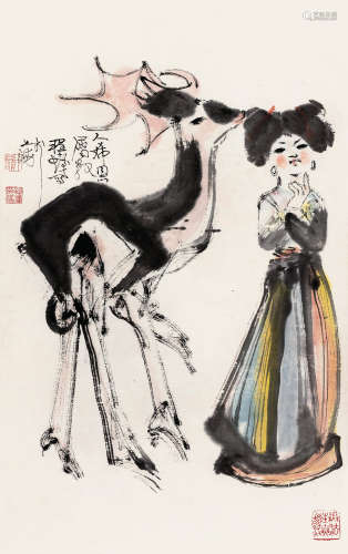 程十发（1921～2007） 少女与鹿 镜片 设色纸本