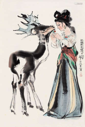 程十发（1921～2007） 1979年作 少女与鹿 立轴 设色纸本