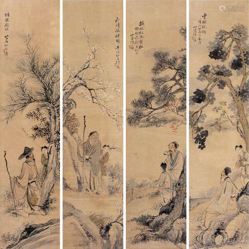 沙馥（1831～1906） 人物四屏 立轴 设色纸本