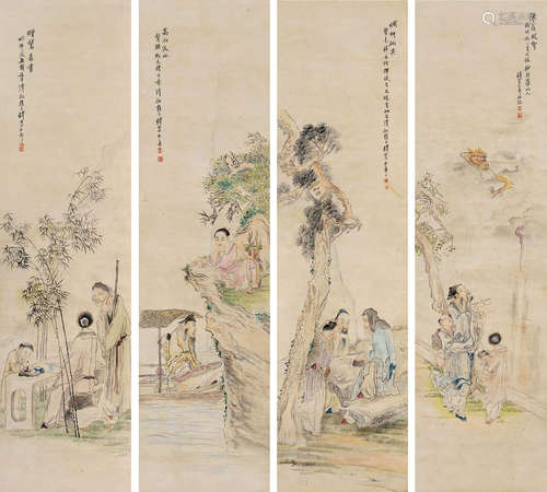 钱慧安（1833～1911） 1886年作 人物四屏 立轴 设色纸本