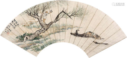 王素（1794～1877） 罢耕窥鸟 扇片 设色纸本