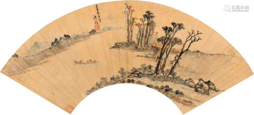 张复（1546～1631） 1612年作 溪上泛舟 扇片 设色金笺