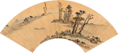 张复（1546～1631） 1612年作 溪上泛舟 扇片 设色金笺