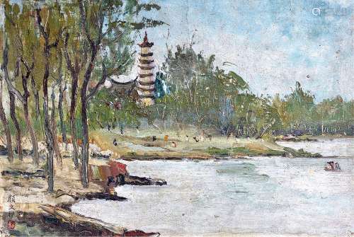 颜文樑（b.1893） 湖畔塔影 布面油画