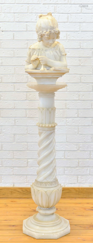 Antique alabaster sculpture on column, young girl