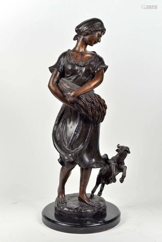 Bronze sculpture, woman and goat