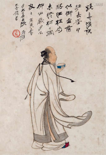 张大千（1899～1983） 1950年作 高士衔杯 镜框 设色纸本