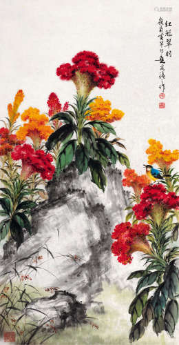 黄幻吾（1906～1985） 红冠翠羽 镜片 设色纸本