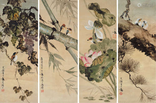 黄幻吾（1906～1985） 花鸟 四屏立轴 设色纸本