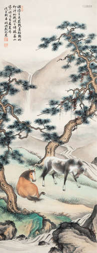 殷梓湘（1909～1984） 1948年作 松荫双骏 立轴 设色纸本