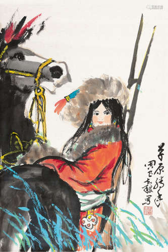 周昌谷（1929～1986） 草原骑手 镜片 设色纸本