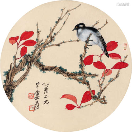 张大千（1899～1983） 1945年作 红叶小鸟 镜框 设色纸本